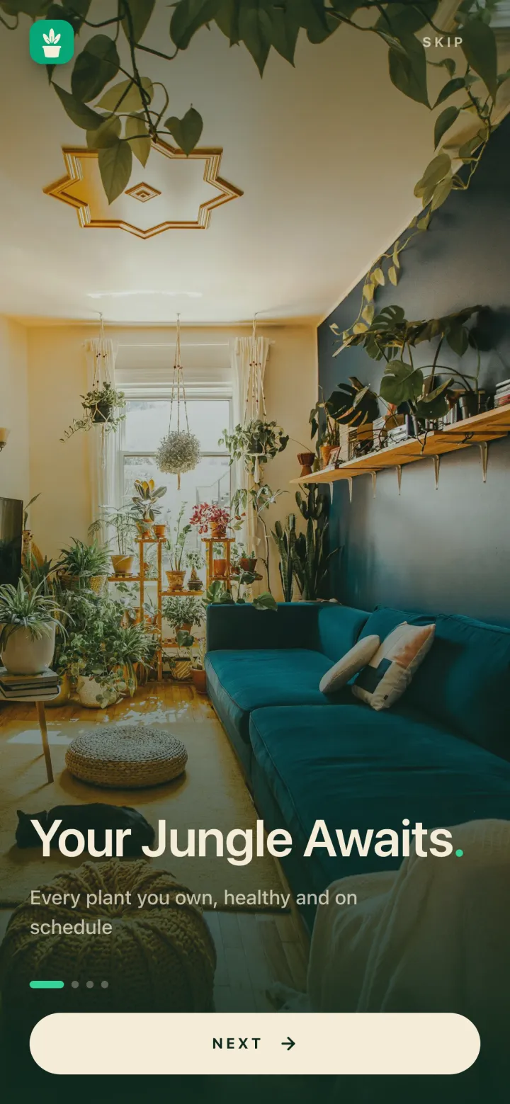 The Botanicaly app — the “Your Jungle Awaits” welcome screen over a plant-filled room