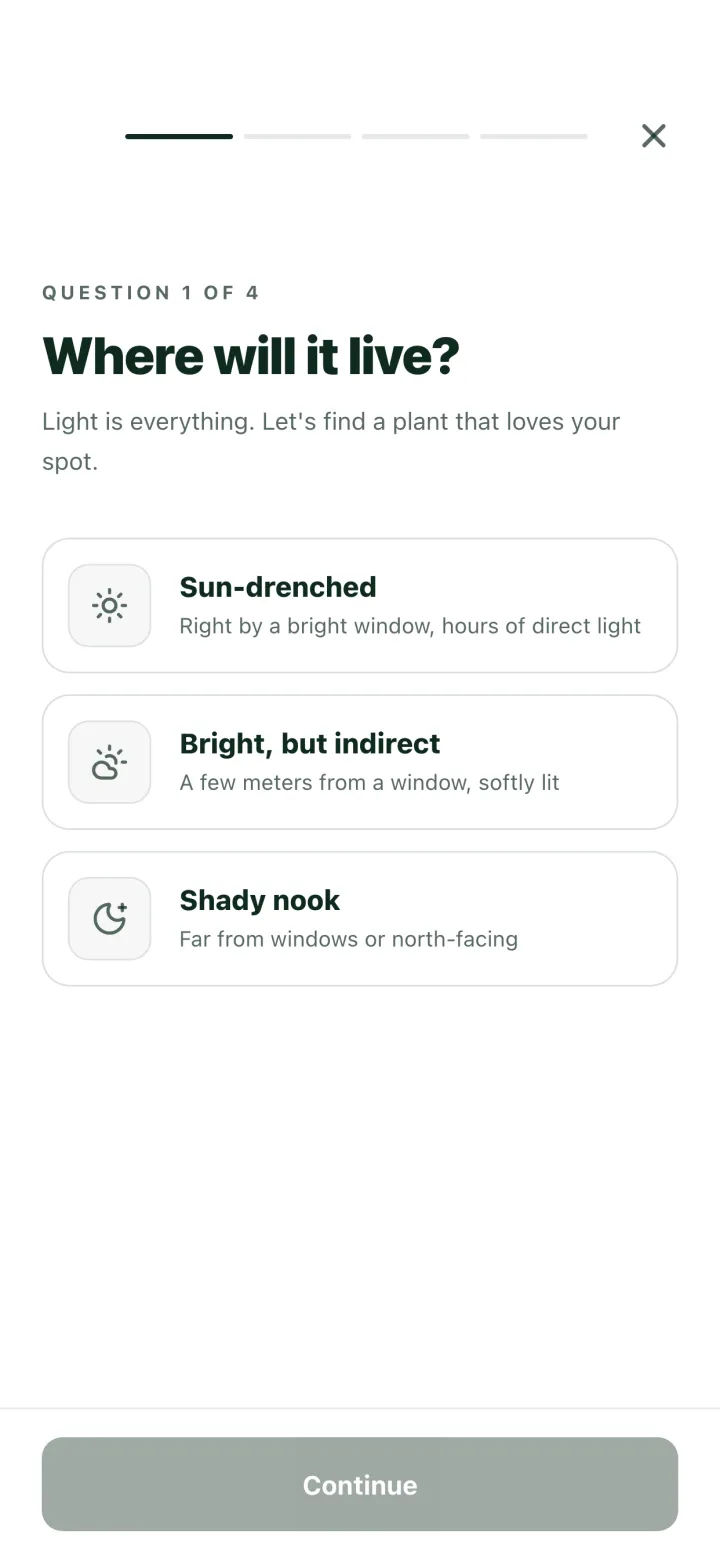 The plant-match quiz — four quick questions that surface plants suited to your home
